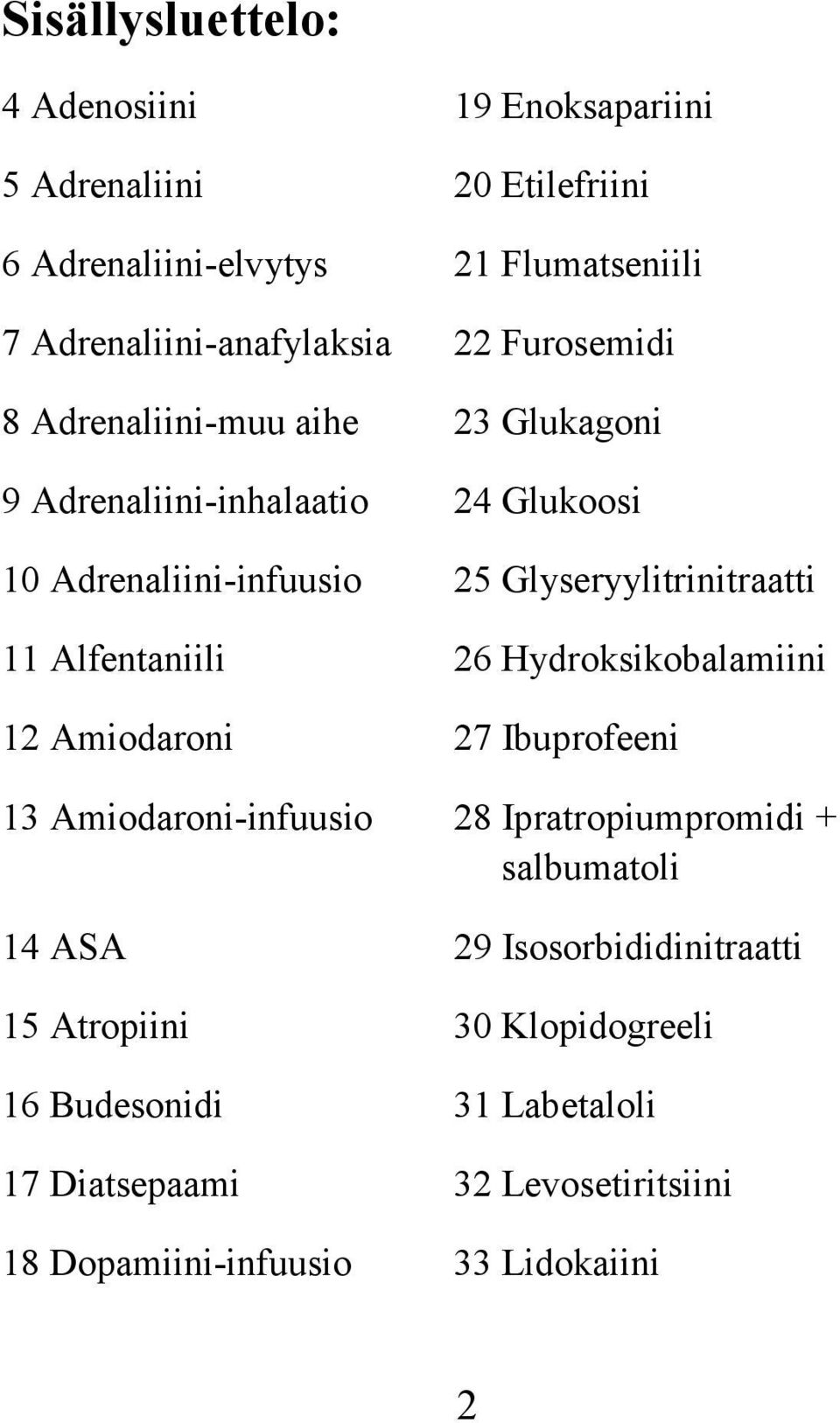 Alfentaniili 26 Hydroksikobalamiini 12 Amiodaroni 27 Ibuprofeeni 13 Amiodaroni-infuusio 28 Ipratropiumpromidi + salbumatoli 14 ASA 29