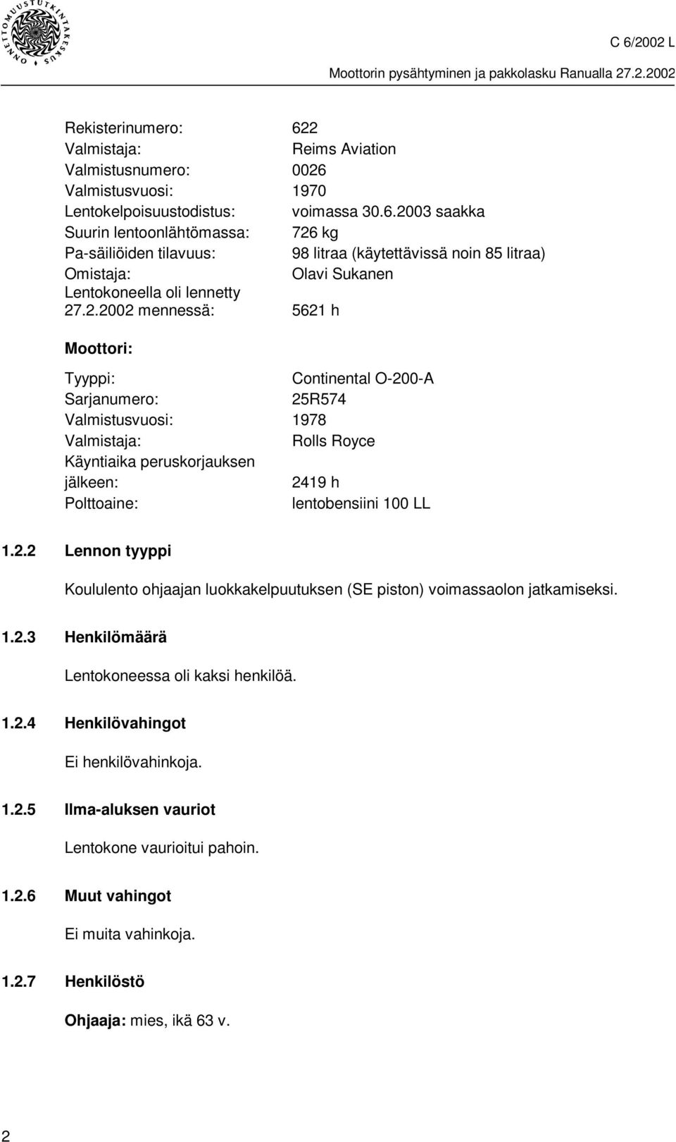 LL 1.2.2 Lennon tyyppi Koululento ohjaajan luokkakelpuutuksen (SE piston) voimassaolon jatkamiseksi. 1.2.3 Henkilömäärä Lentokoneessa oli kaksi henkilöä. 1.2.4 Henkilövahingot Ei henkilövahinkoja. 1.2.5 Ilma-aluksen vauriot Lentokone vaurioitui pahoin.