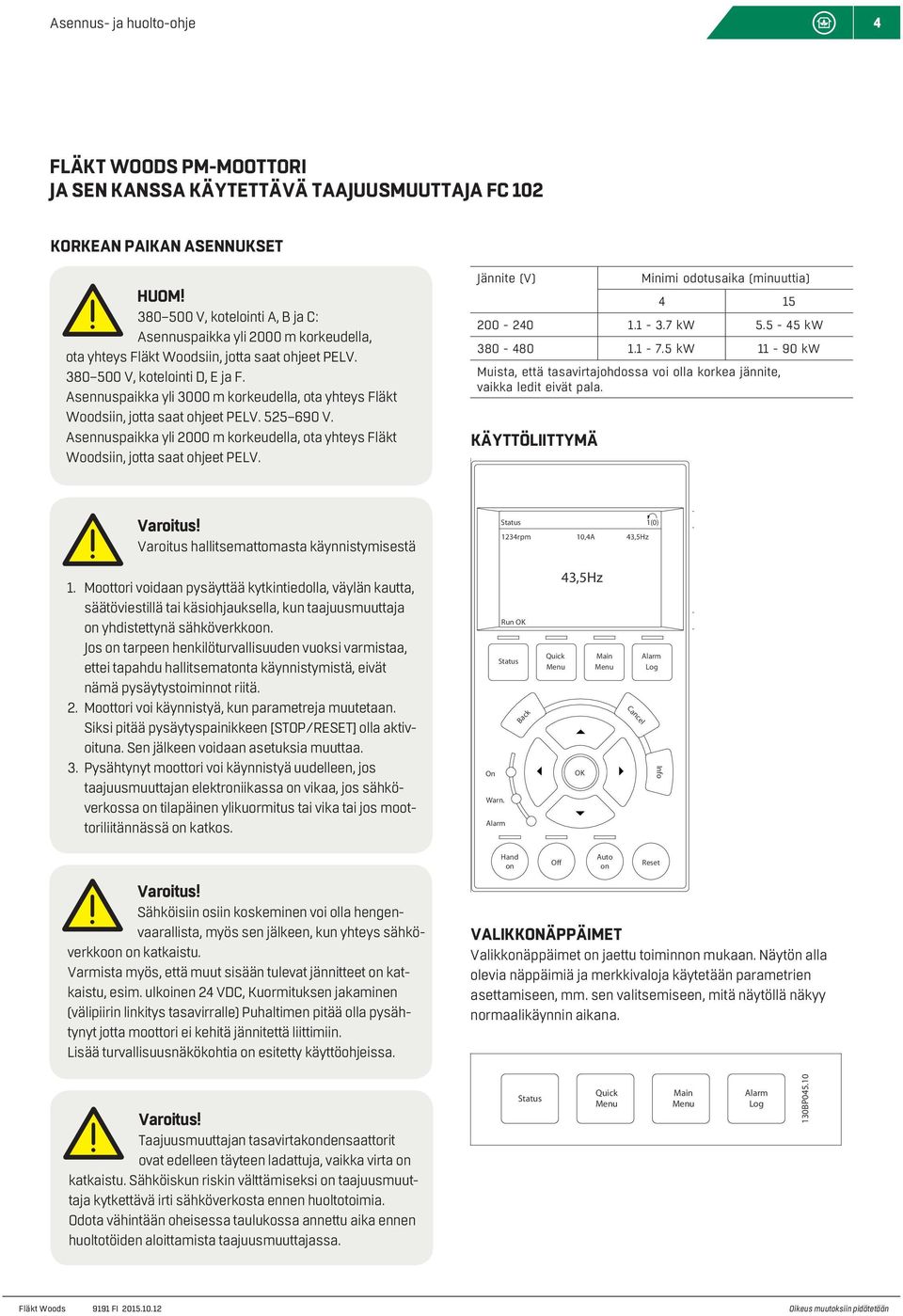 Asennuspaikka yli 2000 m korkeudella, ota yhteys Fläkt Woodsiin, jotta saat ohjeet PELV. Jännite (V) Minimi odotusaika (minuuttia) 4 15 200-240 1.1-3.7 kw 5.5-45 kw 380-480 1.1-7.