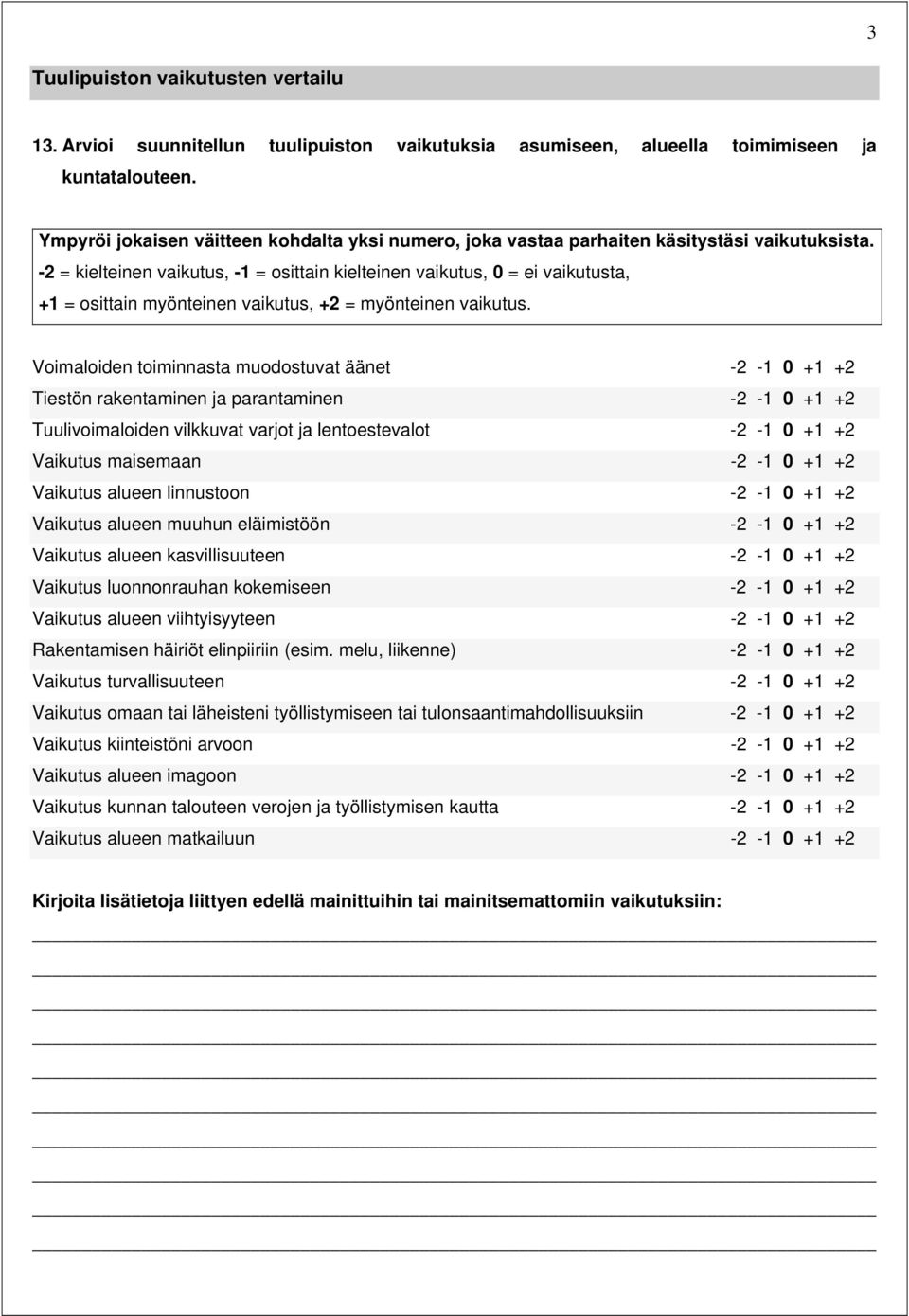 -2 = kielteinen vaikutus, -1 = osittain kielteinen vaikutus, 0 = ei vaikutusta, +1 = osittain myönteinen vaikutus, +2 = myönteinen vaikutus.