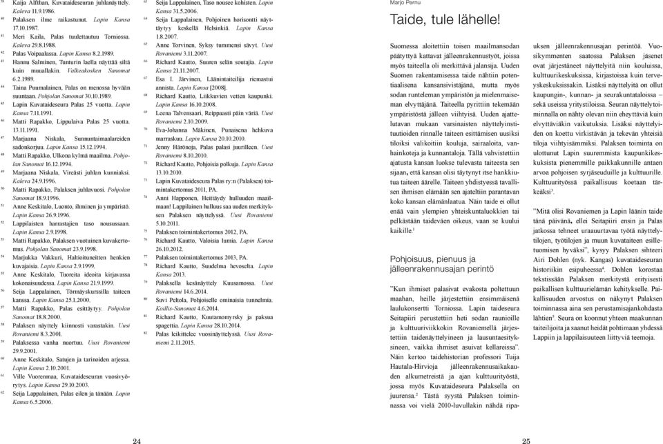 Pohjolan Sanomat 30.10.1989. 45 Lapin Kuvataideseura Palas 25 vuotta. Lapin Kansa 7.11.1991. 46 Matti Rapakko, Lippulaiva Palas 25 vuotta. 13.11.1991. 47 Marjaana Niskala, Sunnuntaimaalareiden sadonkorjuu.