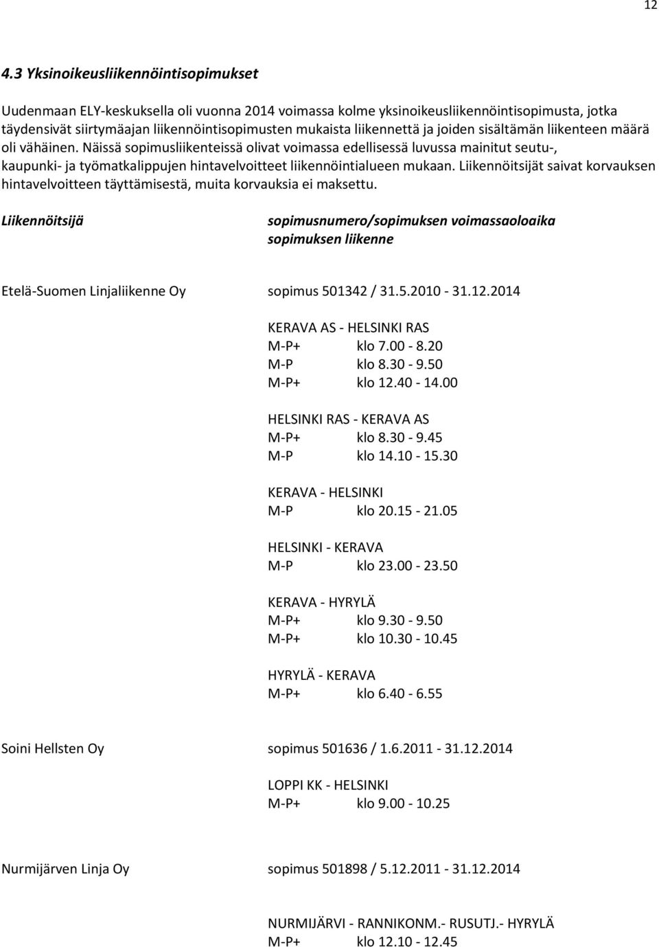 Näissä sopimusliikenteissä olivat voimassa edellisessä luvussa mainitut seutu-, kaupunki- ja työmatkalippujen hintavelvoitteet liikennöintialueen mukaan.