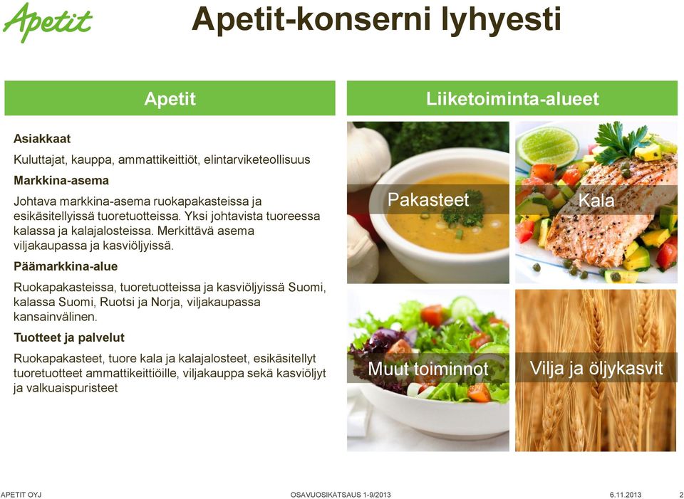 Päämarkkina-alue Ruokapakasteissa, tuoretuotteissa ja kasviöljyissä Suomi, kalassa Suomi, Ruotsi ja Norja, viljakaupassa kansainvälinen.