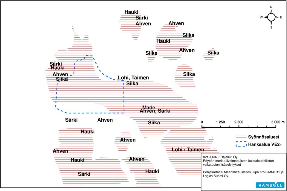 500 5 000 m Syönnösalueet Hankealue VE2+ 82126637 / Rajakiiri Oy Röyttän merituulivoimapuiston