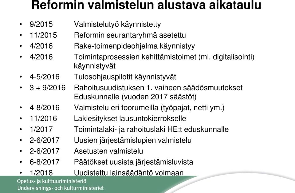 vaiheen säädösmuutokset Eduskunnalle (vuoden 2017 säästöt) 4-8/2016 Valmistelu eri foorumeilla (työpajat, netti ym.