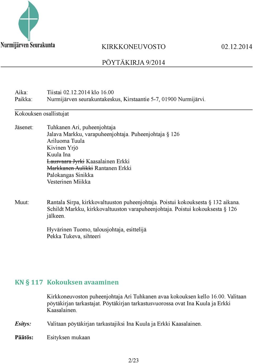 Puheenjohtaja 126 Ariluoma Tuula Kivinen Yrjö Kuula Ina Lausvaara Jyrki Kaasalainen Erkki Markkanen Aulikki Rantanen Erkki Palokangas Sinikka Vesterinen Miikka Muut: Rantala Sirpa, kirkkovaltuuston