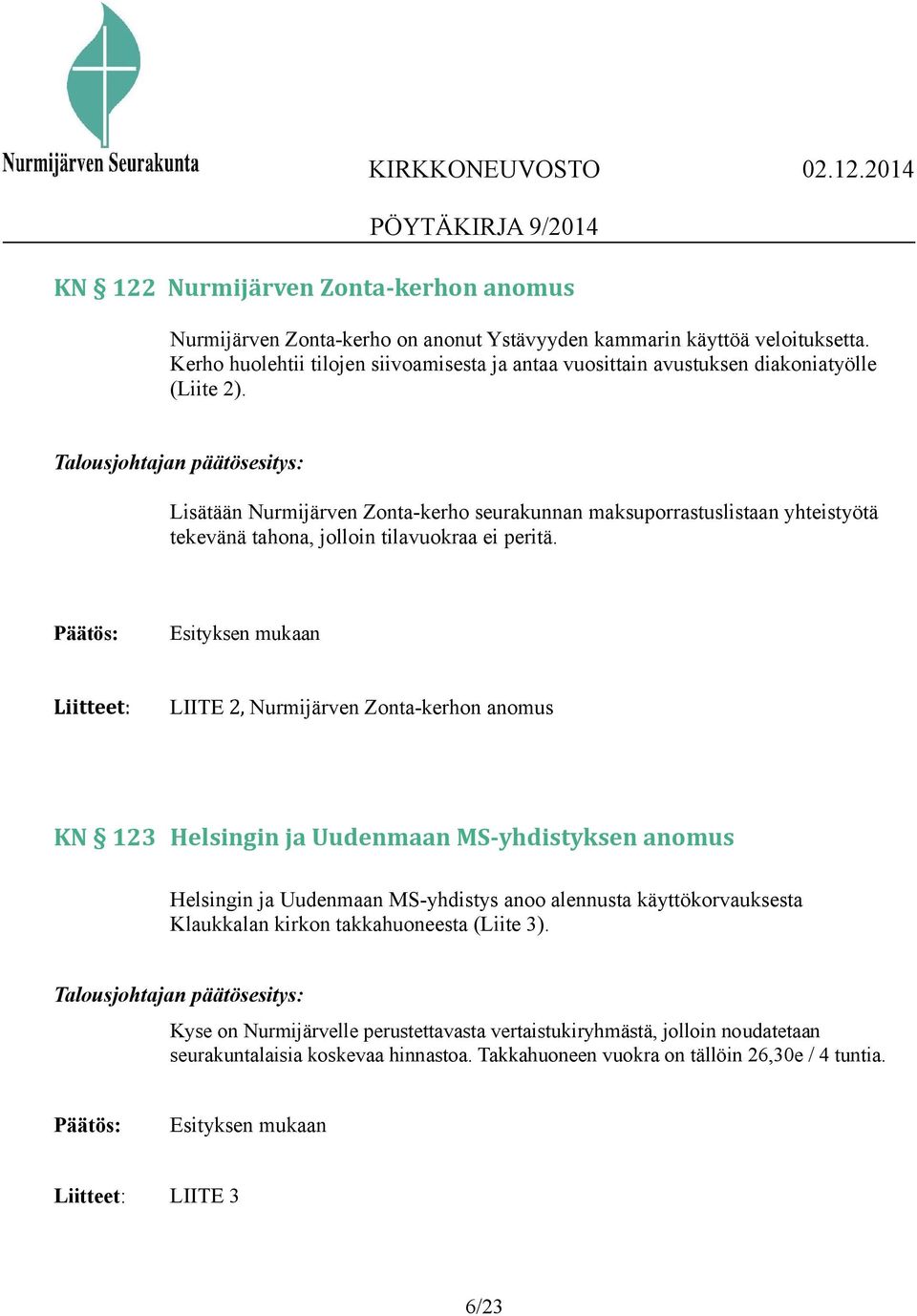 Talousjohtajan päätösesitys: Lisätään Nurmijärven Zonta-kerho seurakunnan maksuporrastuslistaan yhteistyötä tekevänä tahona, jolloin tilavuokraa ei peritä.