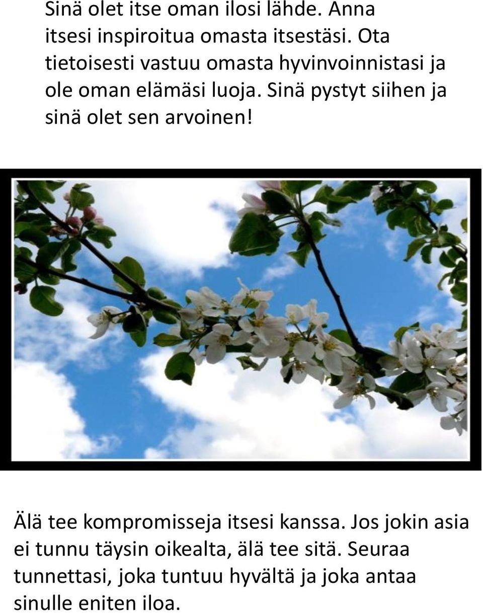 Sinä pystyt siihen ja sinä olet sen arvoinen! Älä tee kompromisseja itsesi kanssa.