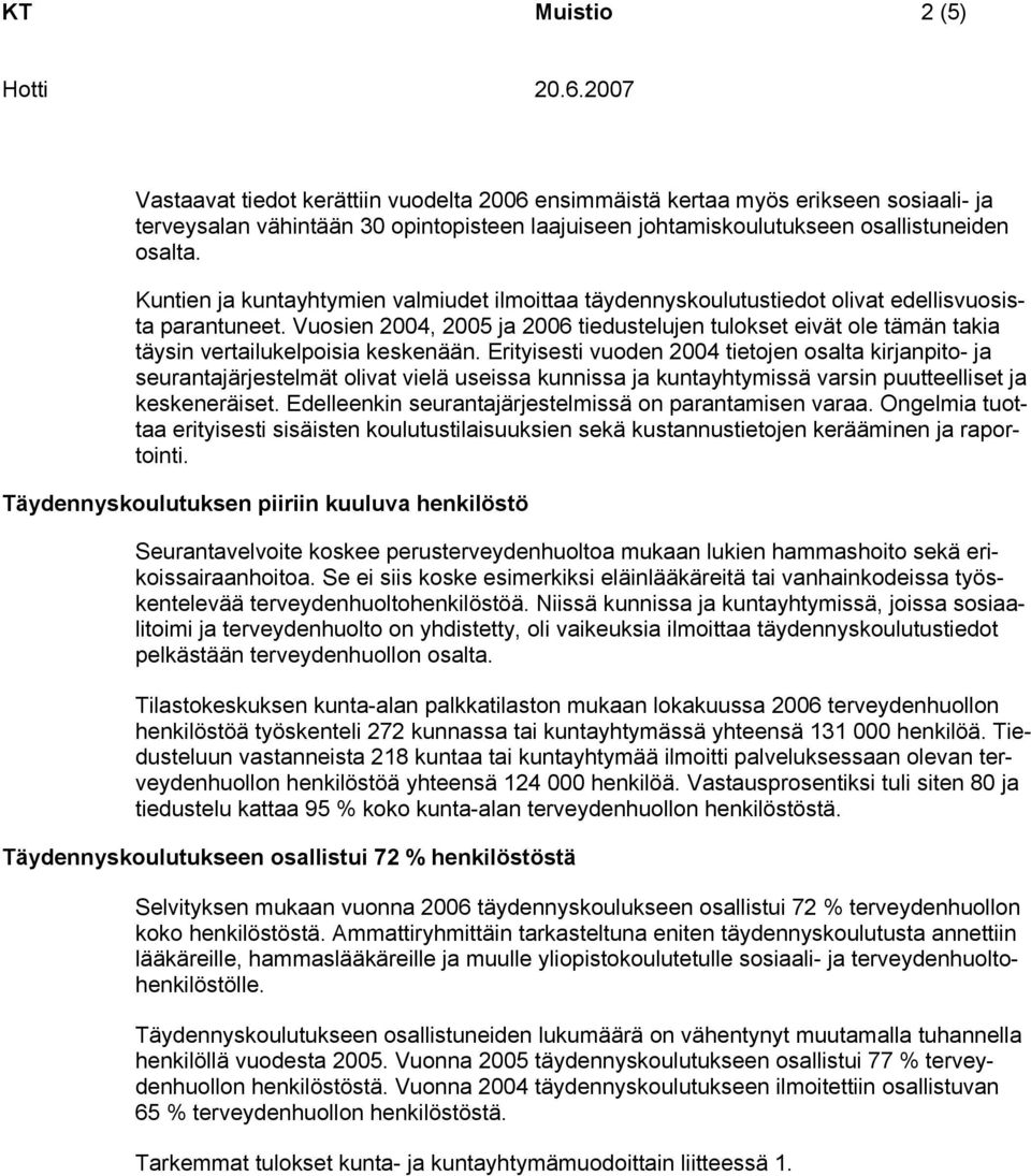 Vuosien 2004, 2005 ja 2006 tiedustelujen tulokset eivät ole tämän takia täysin vertailukelpoisia keskenään.