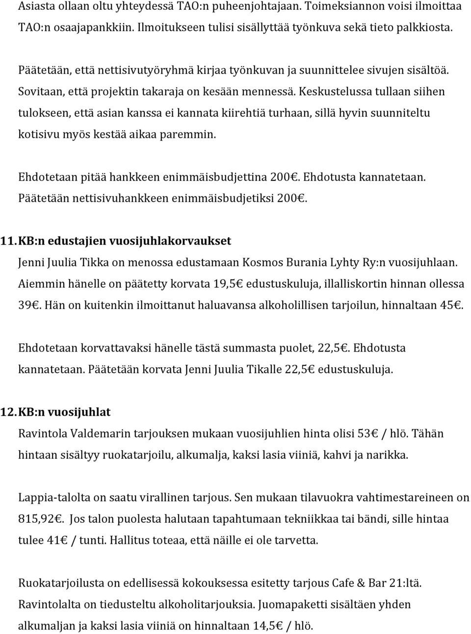 Keskustelussa tullaan siihen tulokseen, että asian kanssa ei kannata kiirehtiä turhaan, sillä hyvin suunniteltu kotisivu myös kestää aikaa paremmin. Ehdotetaan pitää hankkeen enimmäisbudjettina 200.