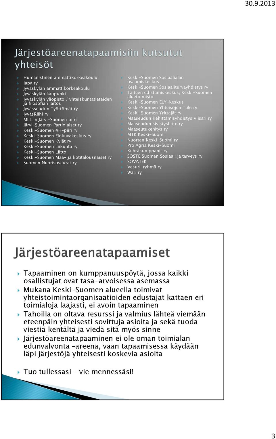 kotitalousnaiset ry Suomen Nuorisoseurat ry Keski-Suomen Sosiaalialan osaamiskeskus Keski-Suomen Sosiaaliturvayhdistys ry Taiteen edistämiskeskus, Keski-Suomen aluetoimisto Keski-Suomen ELY-keskus