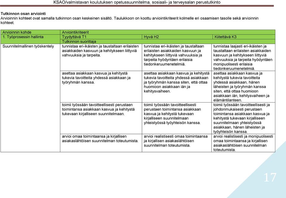 Työprosessin hallinta Tyydyttävä T1 Hyvä H2 Kiitettävä K3 Tutkinnon suorittaja Suunnitelmallinen työskentely tunnistaa eri-ikäisten ja taustaltaan erilaisten asiakkaiden kasvuun ja kehitykseen