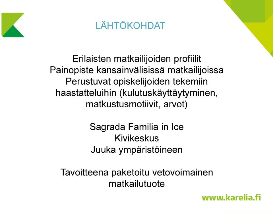 haastatteluihin (kulutuskäyttäytyminen, matkustusmotiivit, arvot) Sagrada