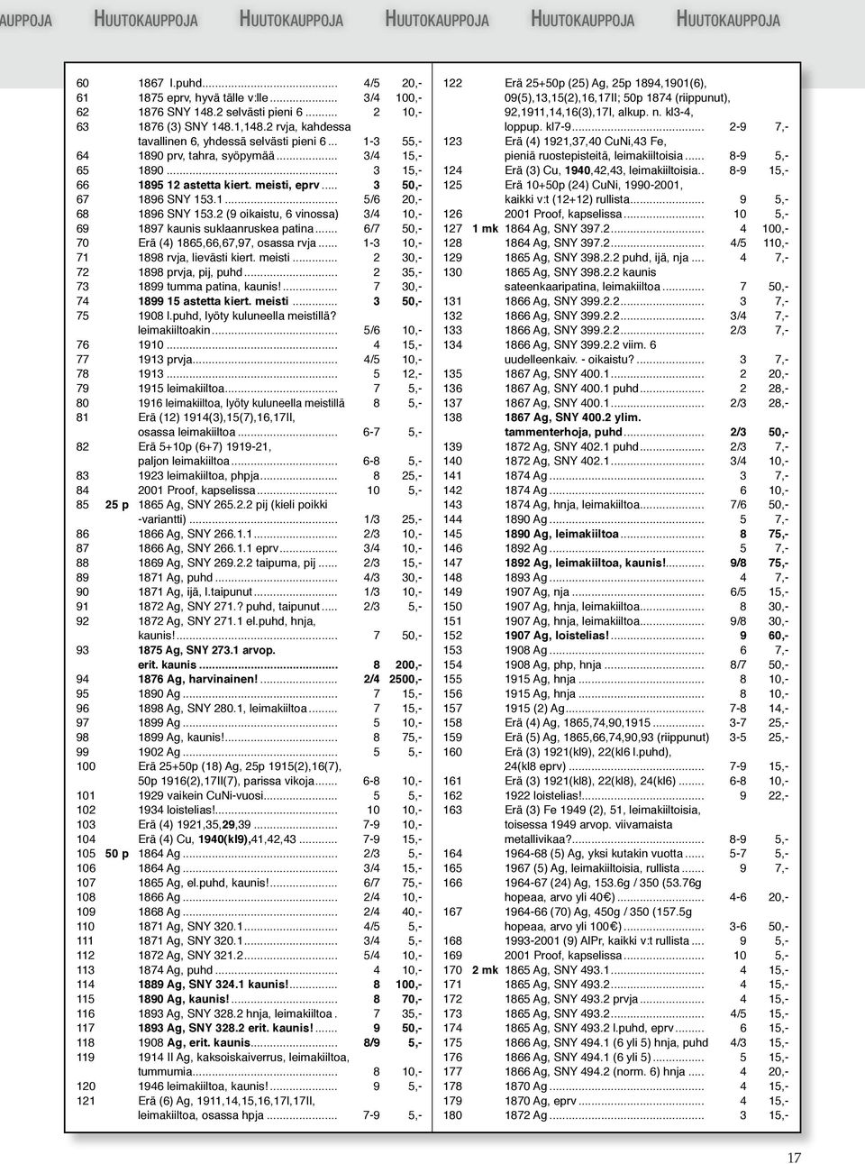meisti, eprv... 3 50,- 67 1896 SNY 153.1... 5/6 20,- 68 1896 SNY 153.2 (9 oikaistu, 6 vinossa). 3/4 10,- 69 1897 kaunis suklaanruskea patina... 6/7 50,- 70 Erä (4) 1865,66,67,97, osassa rvja.