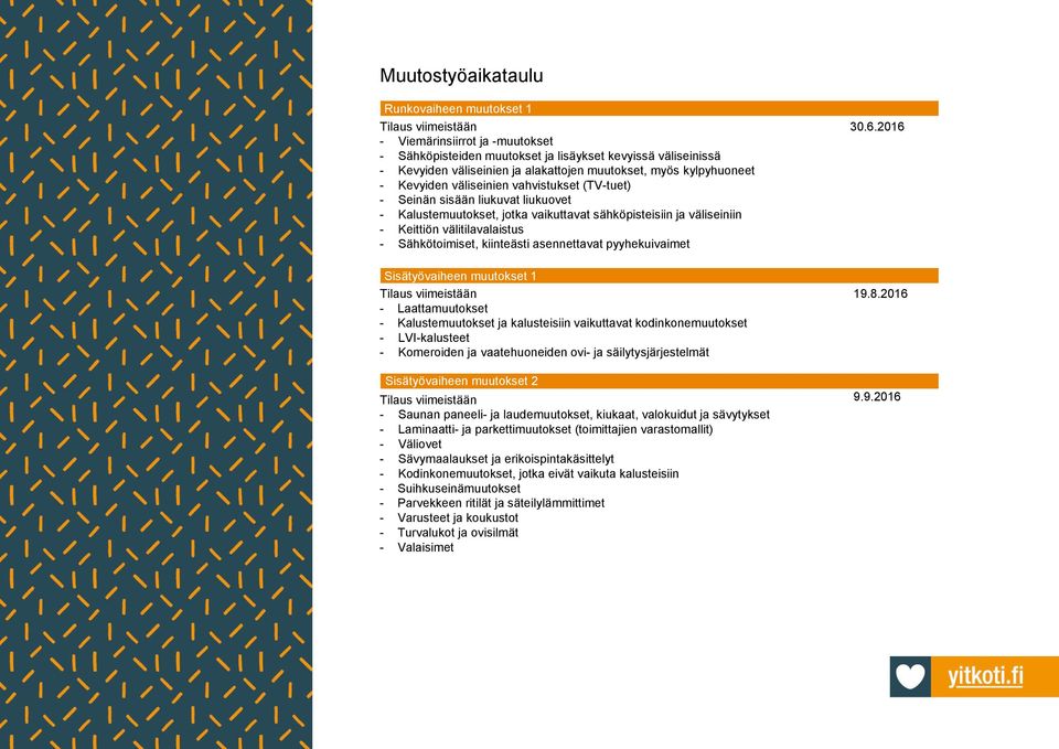 vahvistukset (TV-tuet) - Seinän sisään liukuvat liukuovet - Kalustemuutokset, jotka vaikuttavat sähköpisteisiin ja väliseiniin - Keittiön välitilavalaistus - Sähkötoimiset, kiinteästi asennettavat