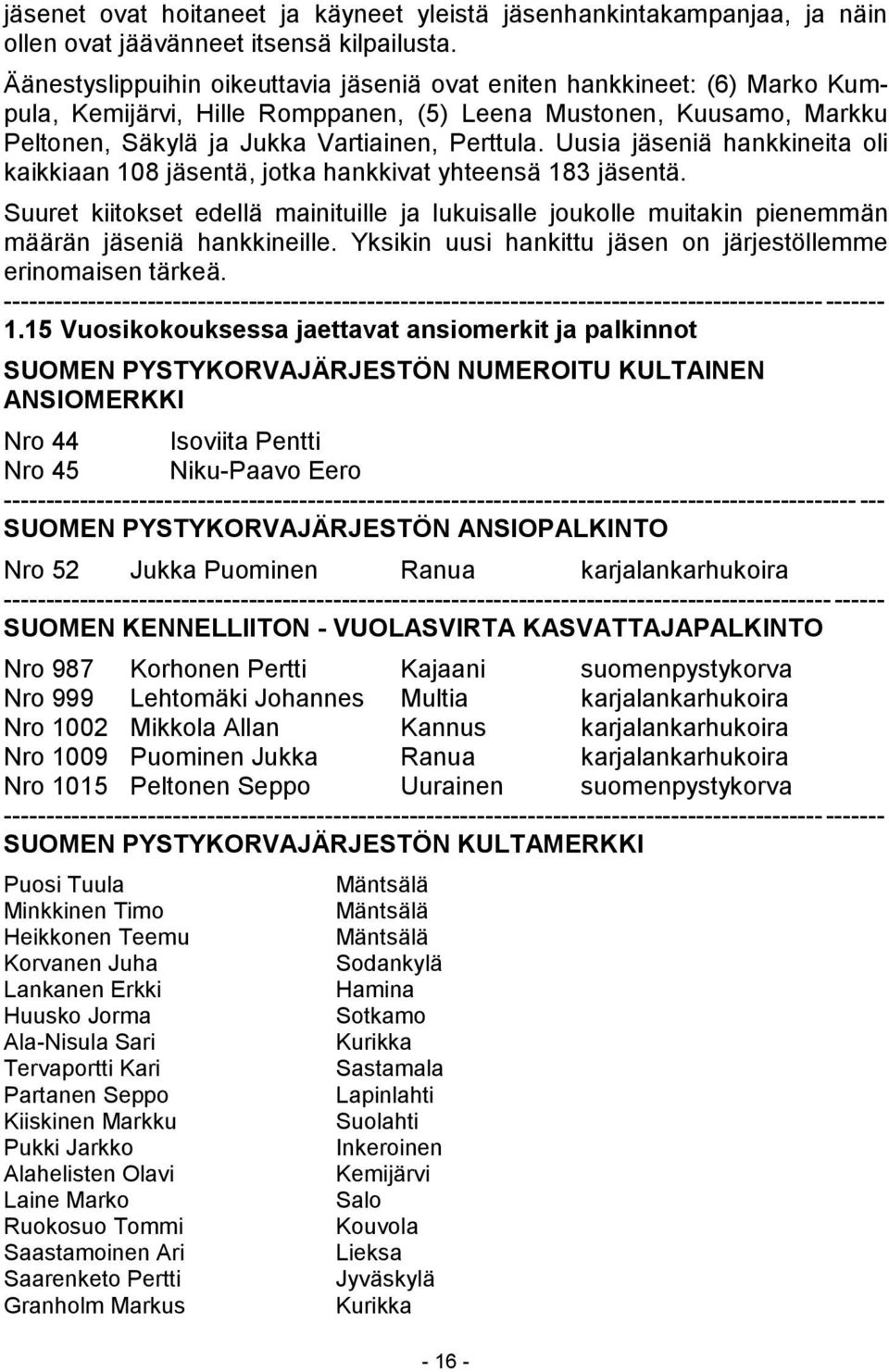 Uusia jäseniä hankkineita oli kaikkiaan 108 jäsentä, jotka hankkivat yhteensä 183 jäsentä. Suuret kiitokset edellä mainituille ja lukuisalle joukolle muitakin pienemmän määrän jäseniä hankkineille.