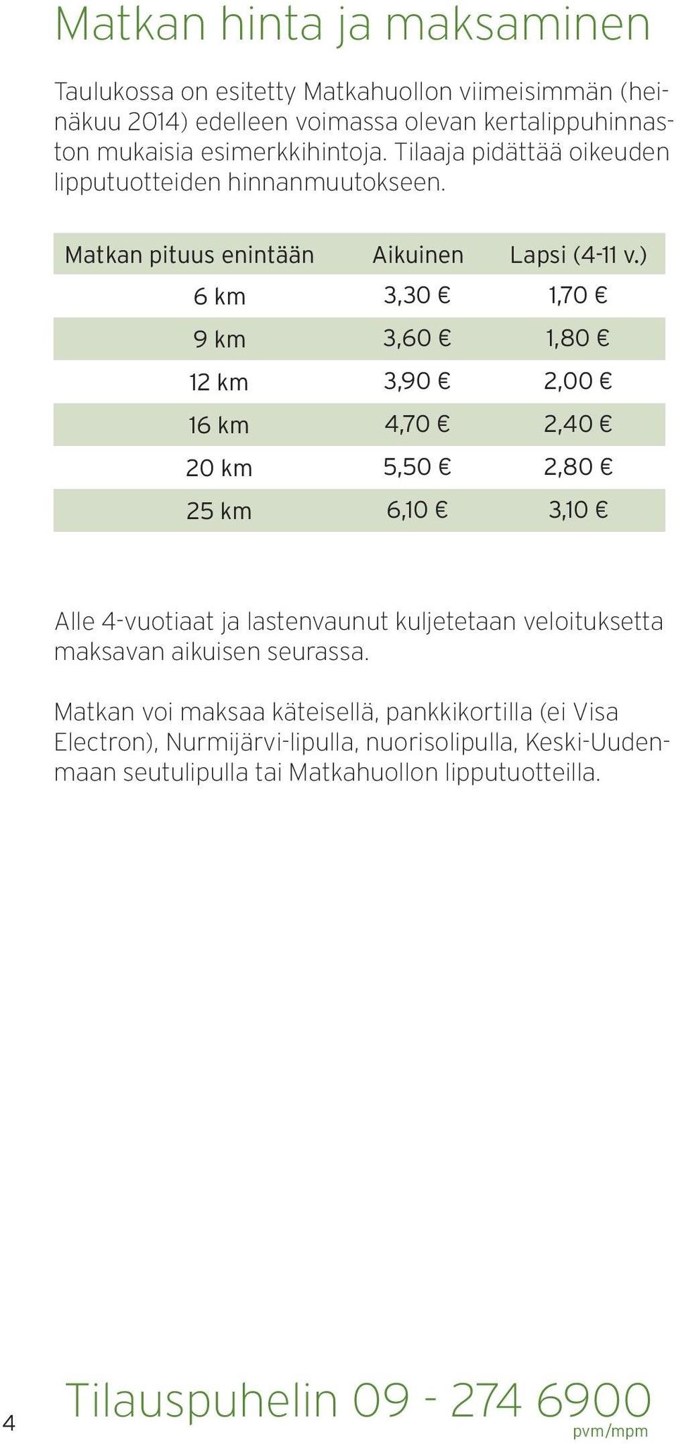 ) 6 km 3,30 1,70 9 km 3,60 1,80 12 km 3,90 2,00 16 km 4,70 2,40 20 km 5,50 2,80 25 km 6,10 3,10 Alle 4vuotiaat ja lastenvaunut kuljetetaan veloituksetta maksavan