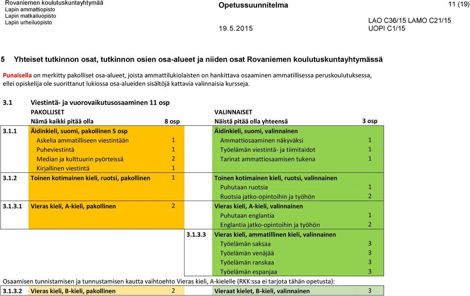 osaaminen ammatillisessa peruskoulutuksessa, ellei opiskelija ole suorittanut lukiossa osa-alueiden sisältöjä kattavia valinnaisia kursseja. 3.