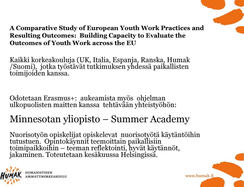 Odotetaan Erasmus+: aukeamista myös ohjelman ulkopuolisten maitten kanssa tehtävään yhteistyöhön: Minnesotan yliopisto Summer Academy Nuorisotyön opiskelijat