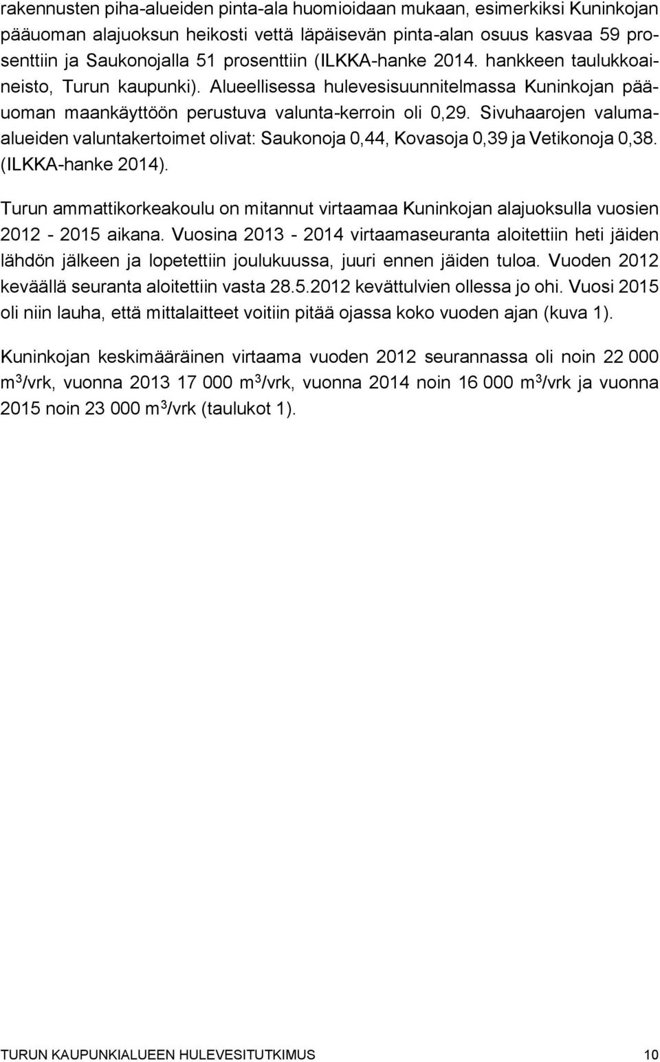 Sivuhaarojen valumaalueiden valuntakertoimet olivat: Saukonoja 0,44, Kovasoja 0,39 ja Vetikonoja 0,38. (ILKKA-hanke 2014).