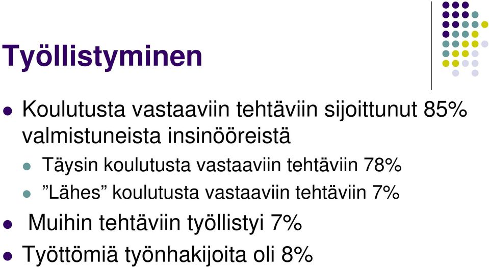 vastaaviin tehtäviin 78% Lähes koulutusta vastaaviin