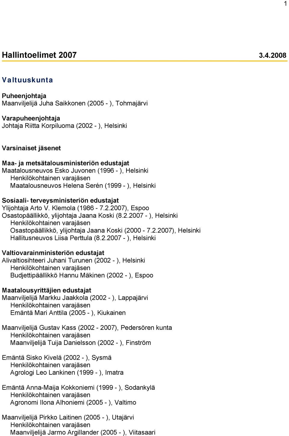 Juvonen (1996 - ), Helsinki Maatalousneuvos Helena Serén (1999 - ), Helsinki Sosiaali- terveysministeriön edustajat Ylijohtaja Arto V. Klemola (1986-7.2.