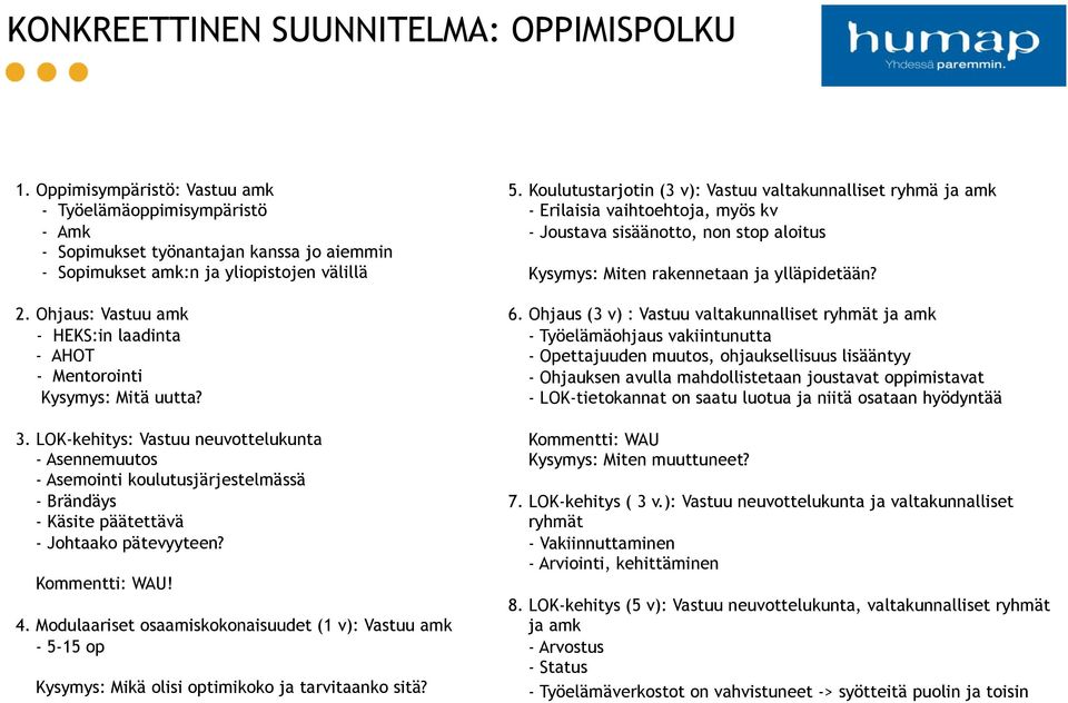 LOK-kehitys: Vastuu neuvottelukunta - Asennemuutos - Asemointi koulutusjärjestelmässä - Brändäys - Käsite päätettävä - Johtaako pätevyyteen? Kommentti: WAU! 4.