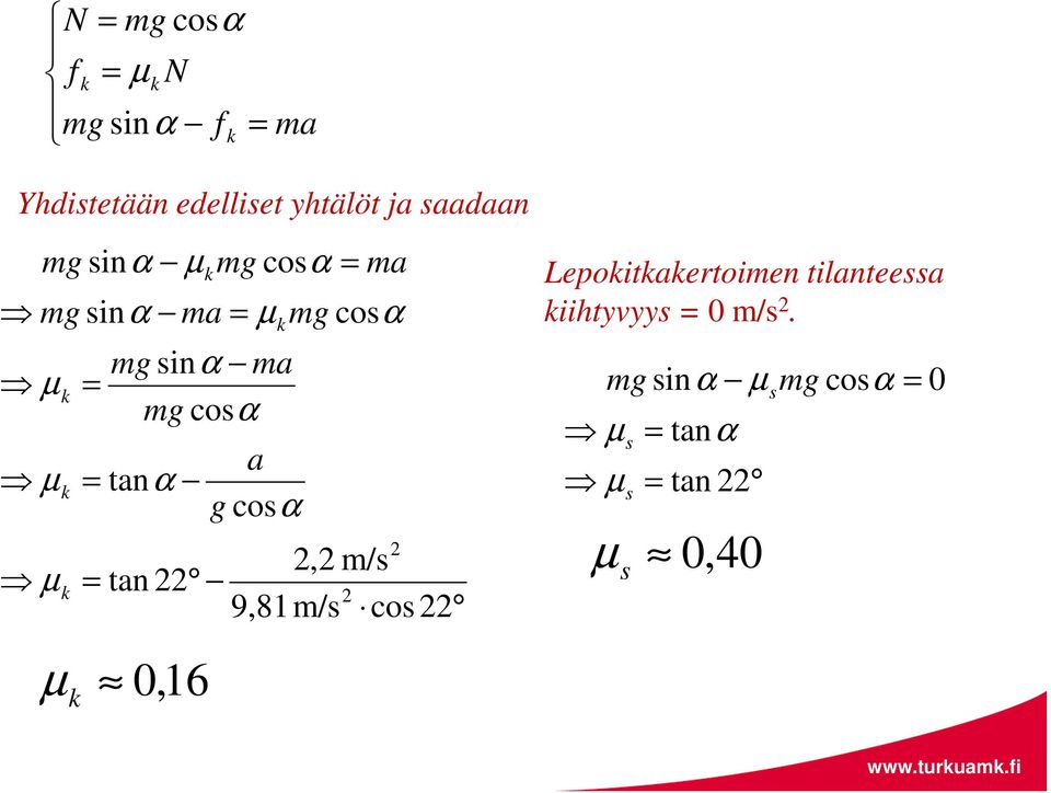 cosα a µ k = tanα g cosα, m/s µ k = tan 9,81 m/s cos µ k 0,16