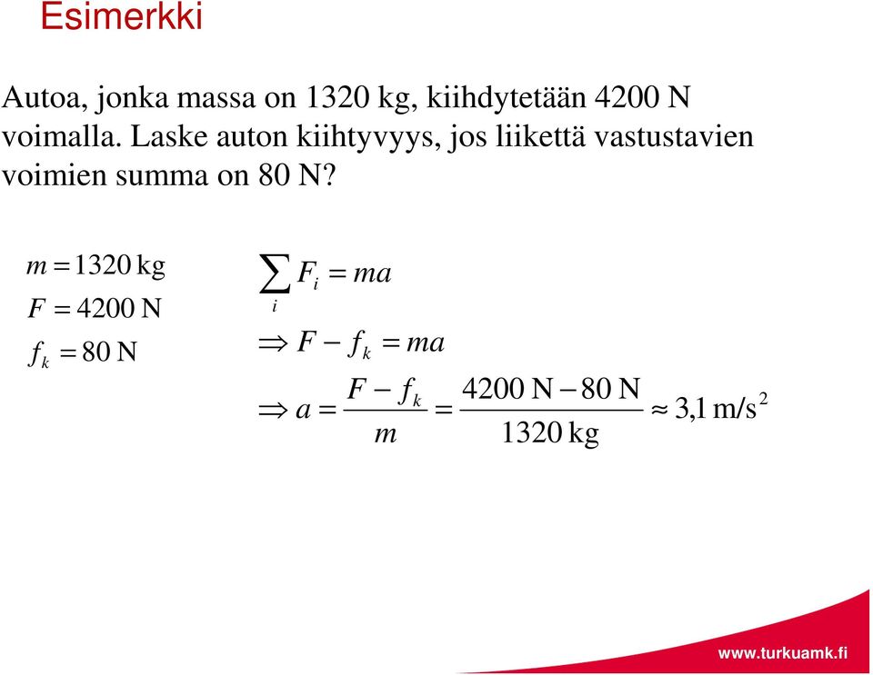 Laske auton kiihtyvyys, jos liikettä vastustavien voimien