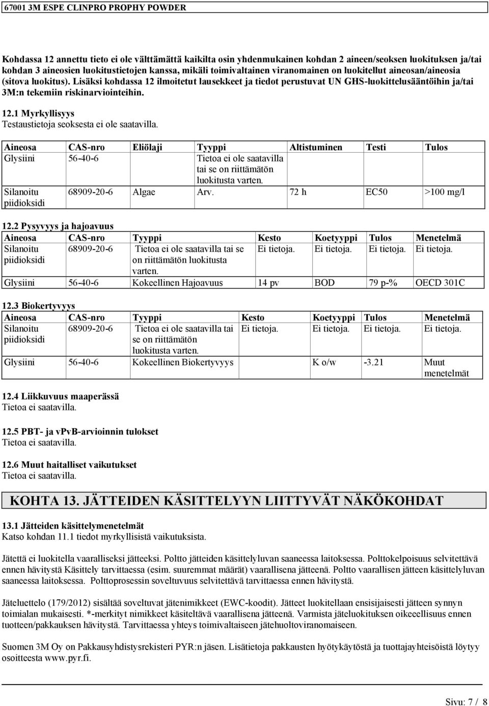 Aineosa CAS-nro Eliölaji Tyyppi Altistuminen Testi Tulos Glysiini 56-40-6 Tietoa ei ole saatavilla tai se on riittämätön luokitusta varten. Silanoitu piidioksidi 68909-20-6 Algae Arv.