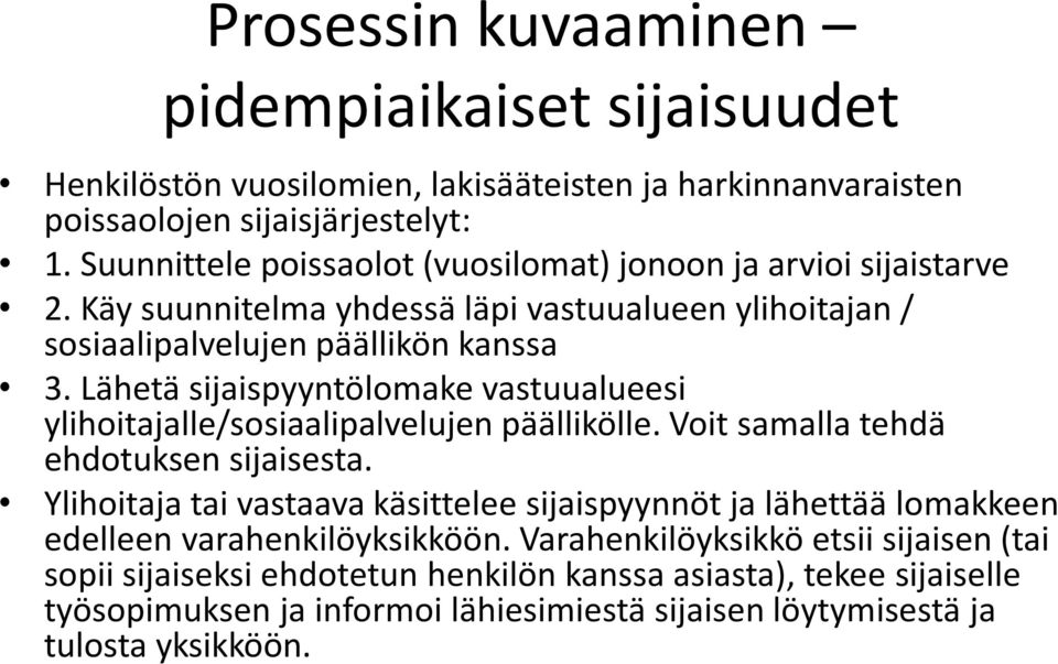 Lähetä sijaispyyntölomake vastuualueesi ylihoitajalle/sosiaalipalvelujen päällikölle. Voit samalla tehdä ehdotuksen sijaisesta.