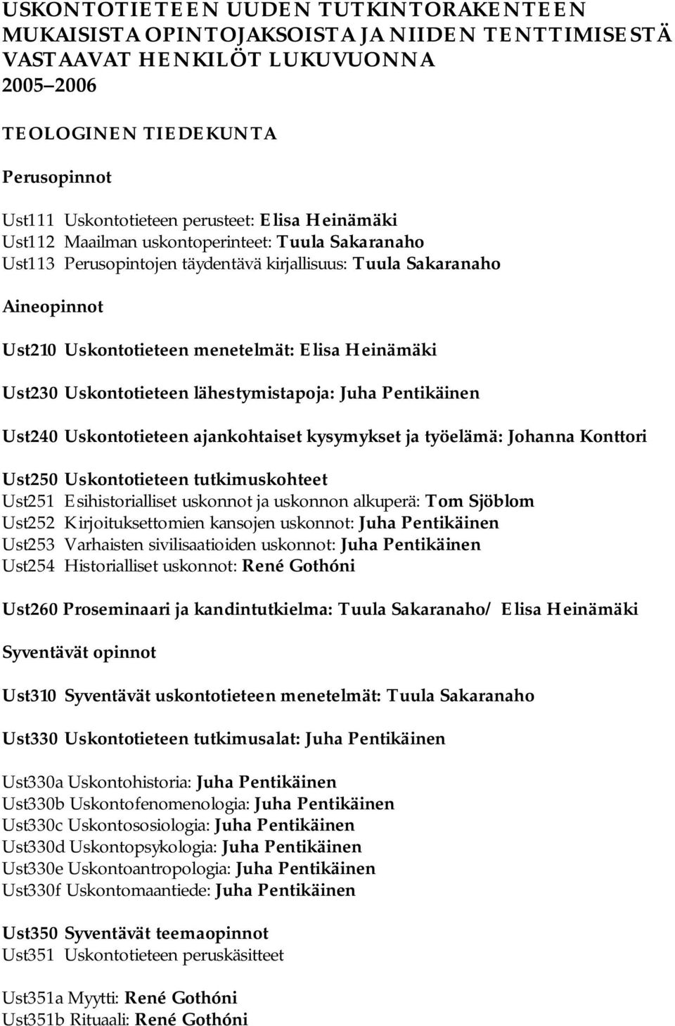 Uskontotieteen lähestymistapoja: Juha Pentikäinen Ust240 Uskontotieteen ajankohtaiset kysymykset ja työelämä: Johanna Konttori Ust250 Uskontotieteen tutkimuskohteet Ust251 Esihistorialliset uskonnot