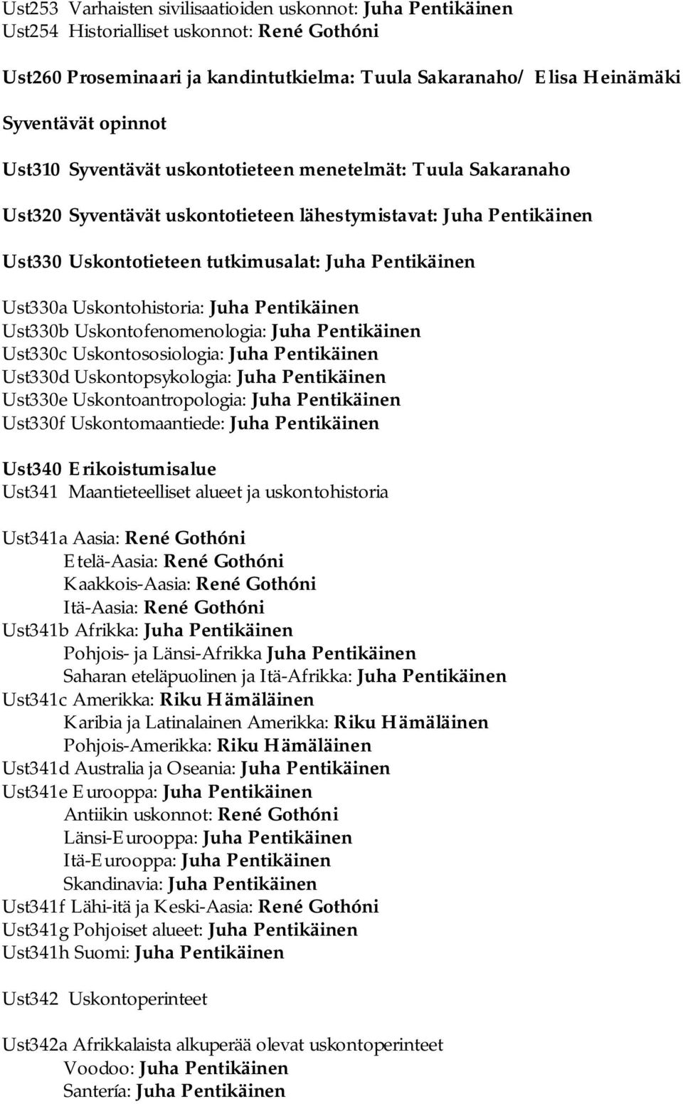 Uskontohistoria: Juha Pentikäinen Ust330b Uskontofenomenologia: Juha Pentikäinen Ust330c Uskontososiologia: Juha Pentikäinen Ust330d Uskontopsykologia: Juha Pentikäinen Ust330e Uskontoantropologia: