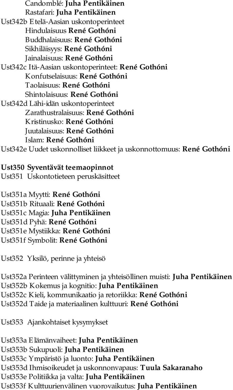 René Gothóni Kristinusko: René Gothóni Juutalaisuus: René Gothóni Islam: René Gothóni Ust342e Uudet uskonnolliset liikkeet ja uskonnottomuus: René Gothóni Ust350 Syventävät teemaopinnot Ust351