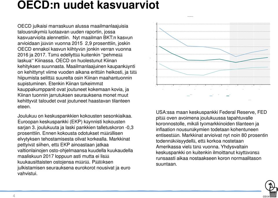 Nyt maailman BKT:n kasvun arvioidaan jäävän vuonna 2015 2,9 prosenttiin, joskin OECD ennakoi kasvun kiihtyvän jonkin verran vuonna 2016 ja 2017. Tämä edellyttää kuitenkin pehmeää laskua Kiinassa.