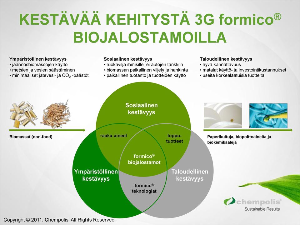 Taloudellinen kestävyys hyvä kannattavuus matalat käyttö- ja investointikustannukset useita korkealaatuisia tuotteita Sosiaalinen kestävyys Biomassat (non-food)