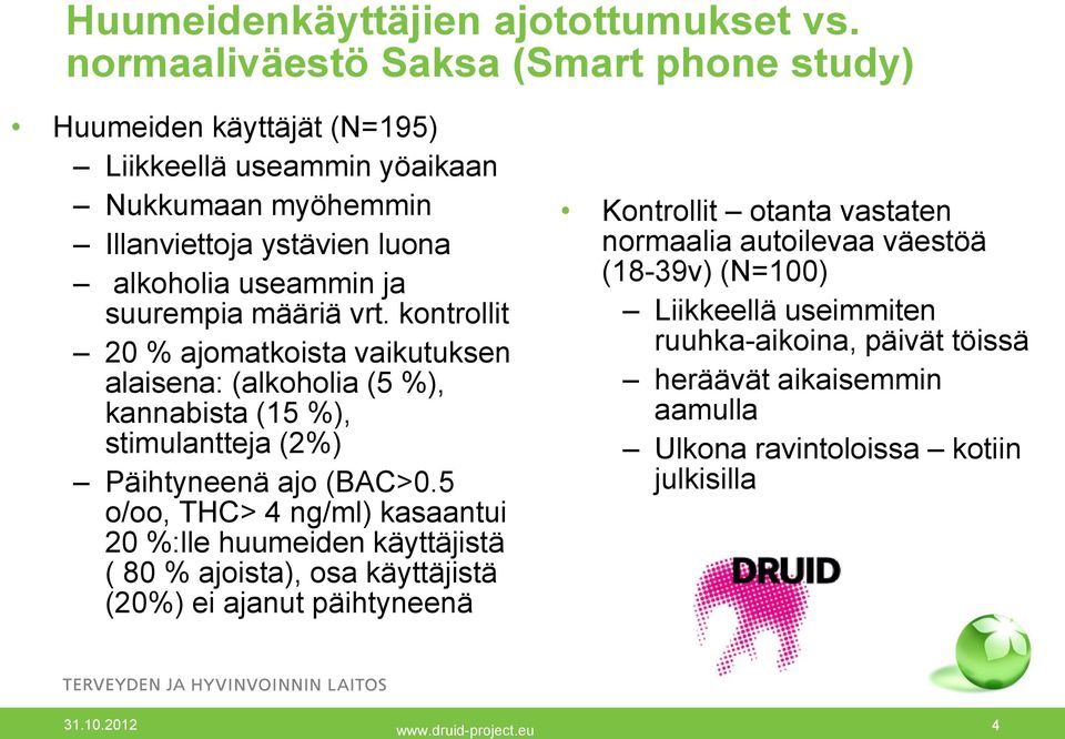 suurempia määriä vrt. kontrollit 20 % ajomatkoista vaikutuksen alaisena: (alkoholia (5 %), kannabista (15 %), stimulantteja (2%) Päihtyneenä ajo (BAC>0.