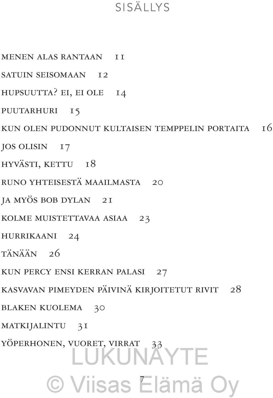 kettu 18 runo yhteisestä maailmasta 20 ja myös bob dylan 21 kolme muistettavaa asiaa 23 hurrikaani 24