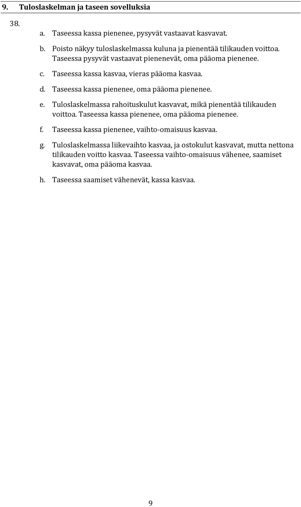 Tuloslaskelmassa rahoituskulut kasvavat, mikä pienentää tilikauden voittoa. Taseessa kassa pienenee, oma pääoma pienenee. f. Taseessa kassa pienenee, vaihto-omaisuus kasvaa. g.