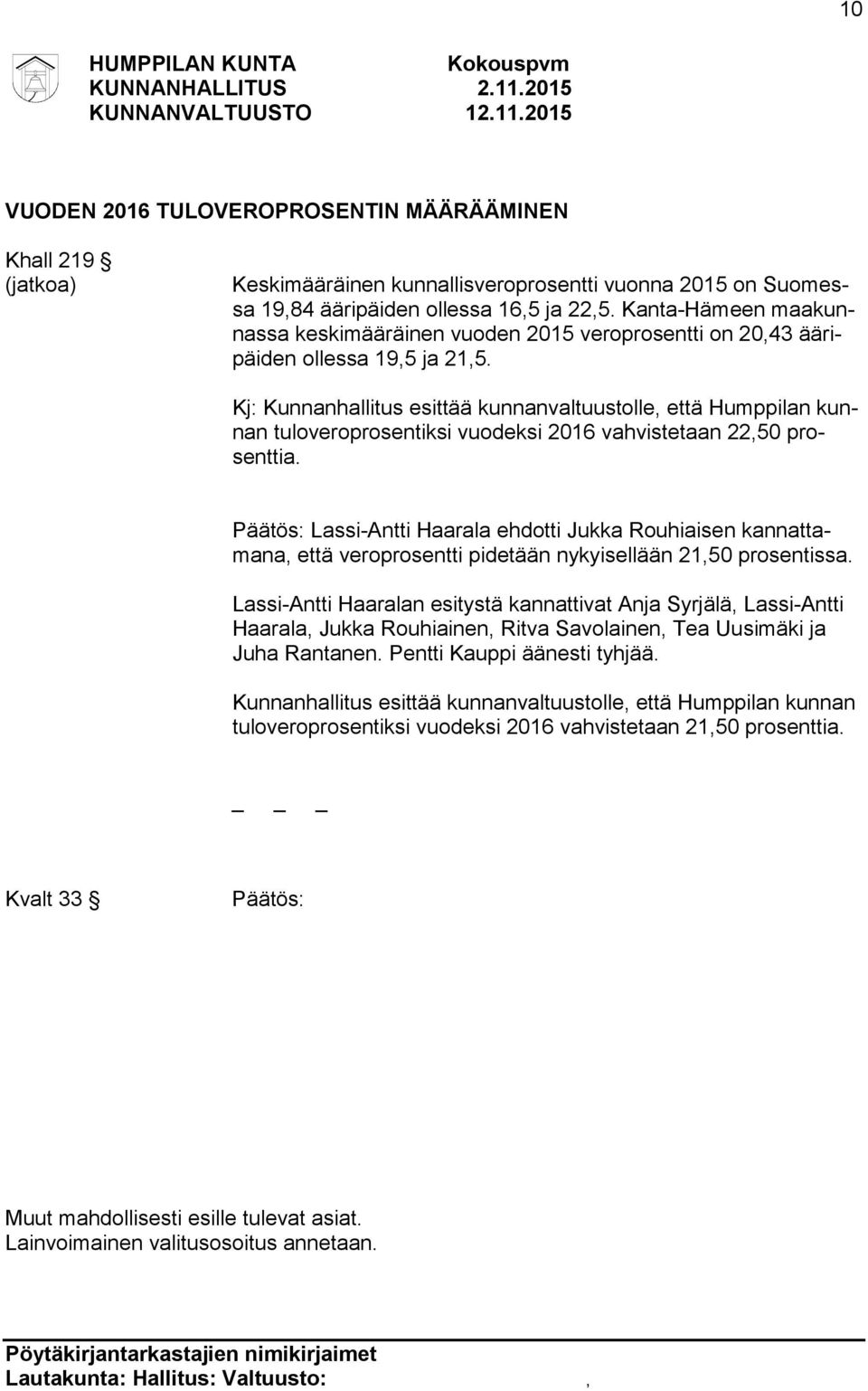 Kj: Kunnanhallitus esittää kunnanvaltuustolle, että Humppilan kunnan tuloveroprosentiksi vuodeksi 2016 vahvistetaan 22,50 prosenttia.