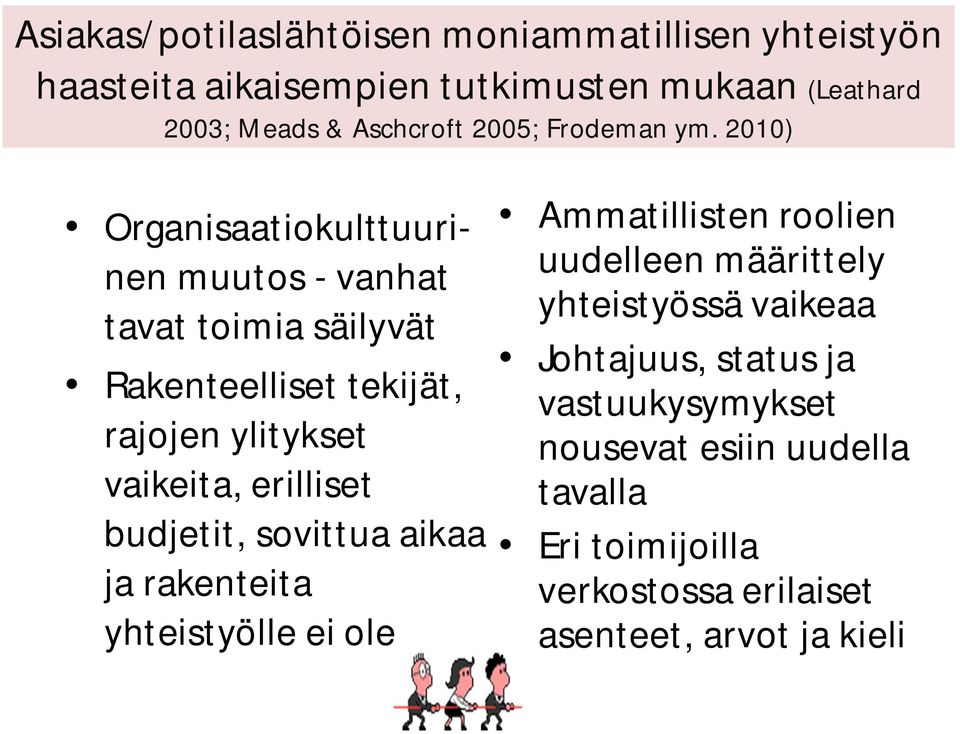 2010) Organisaatiokulttuurinen muutos - vanhat tavat toimia säilyvät Rakenteelliset tekijät, rajojen ylitykset vaikeita, erilliset