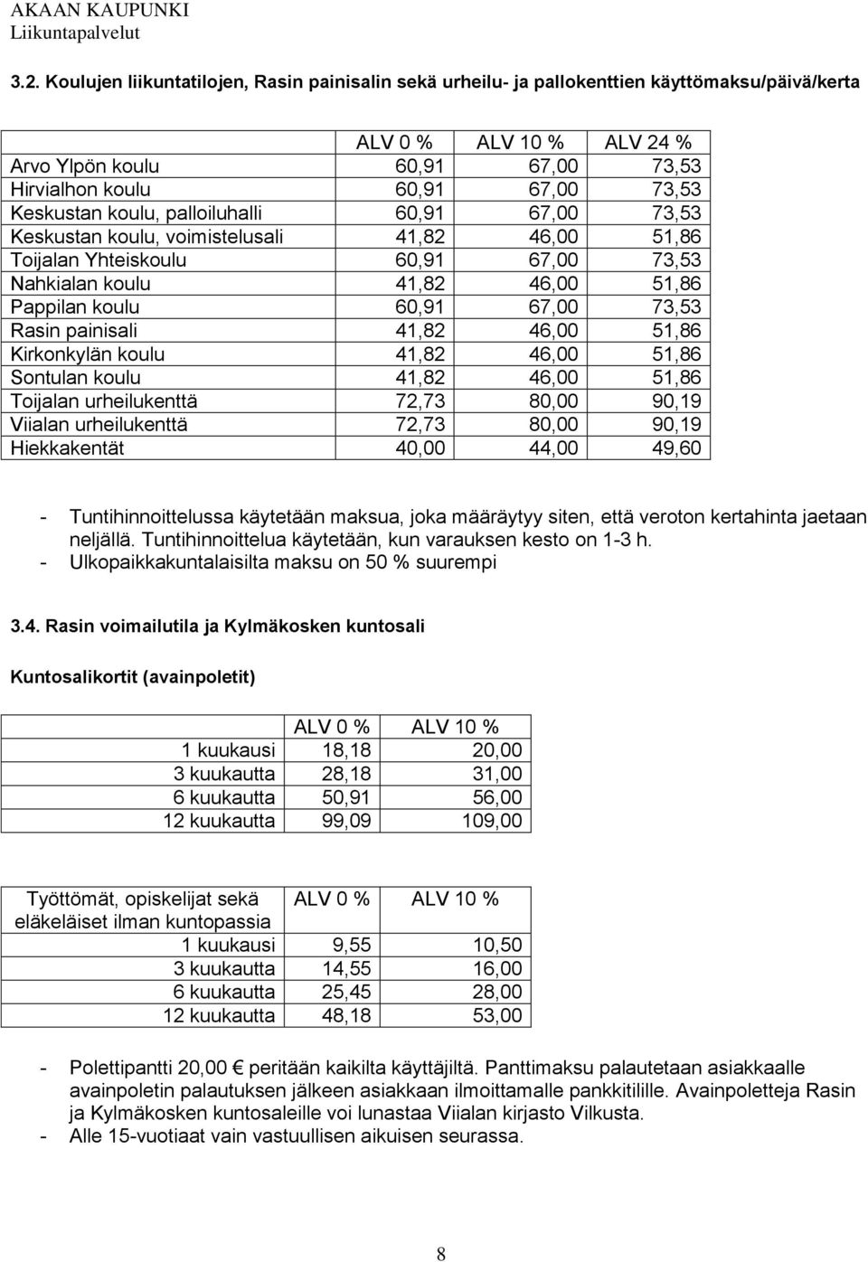 painisali 41,82 46,00 51,86 Kirkonkylän koulu 41,82 46,00 51,86 Sontulan koulu 41,82 46,00 51,86 Toijalan urheilukenttä 72,73 80,00 90,19 Viialan urheilukenttä 72,73 80,00 90,19 Hiekkakentät 40,00