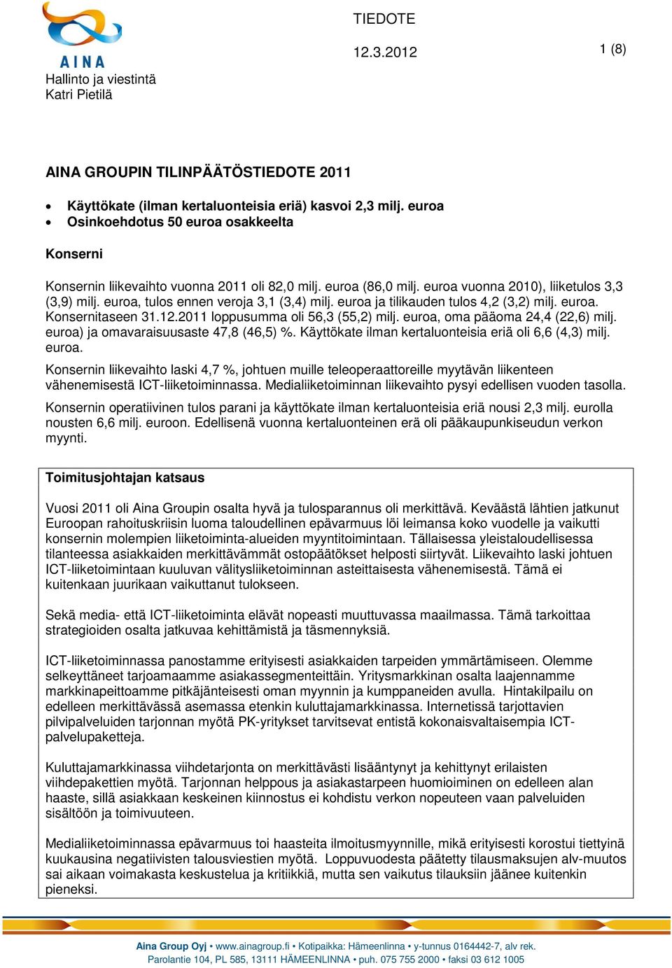 euroa, tulos ennen veroja 3,1 (3,4) milj. euroa ja tilikauden tulos 4,2 (3,2) milj. euroa. Konsernitaseen 31.12.2011 loppusumma oli 56,3 (55,2) milj. euroa, oma pääoma 24,4 (22,6) milj.