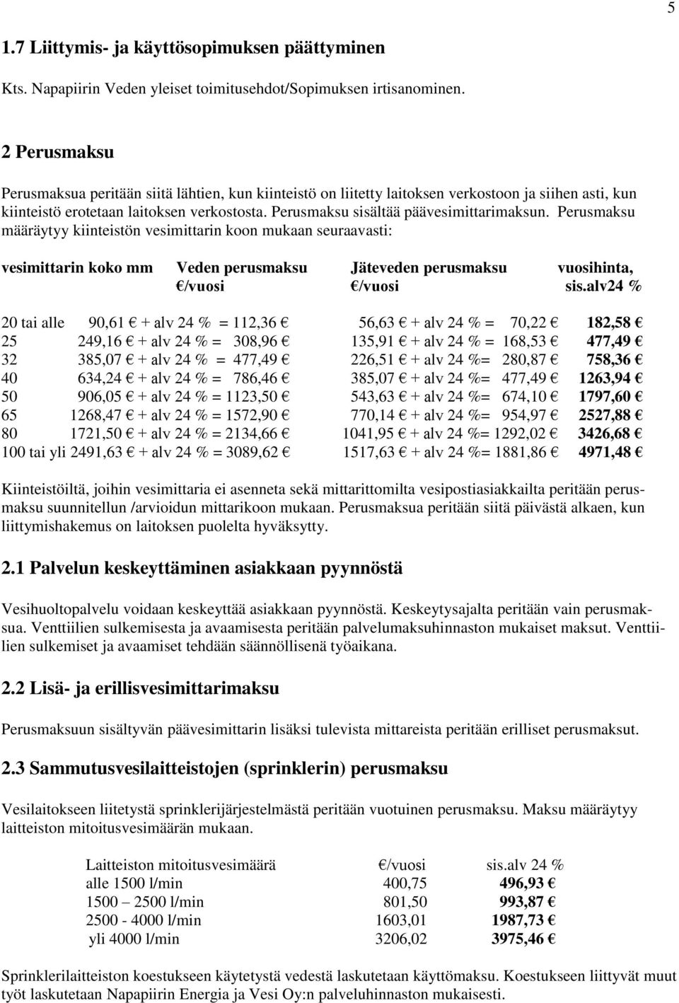 Perusmaksu sisältää päävesimittarimaksun.