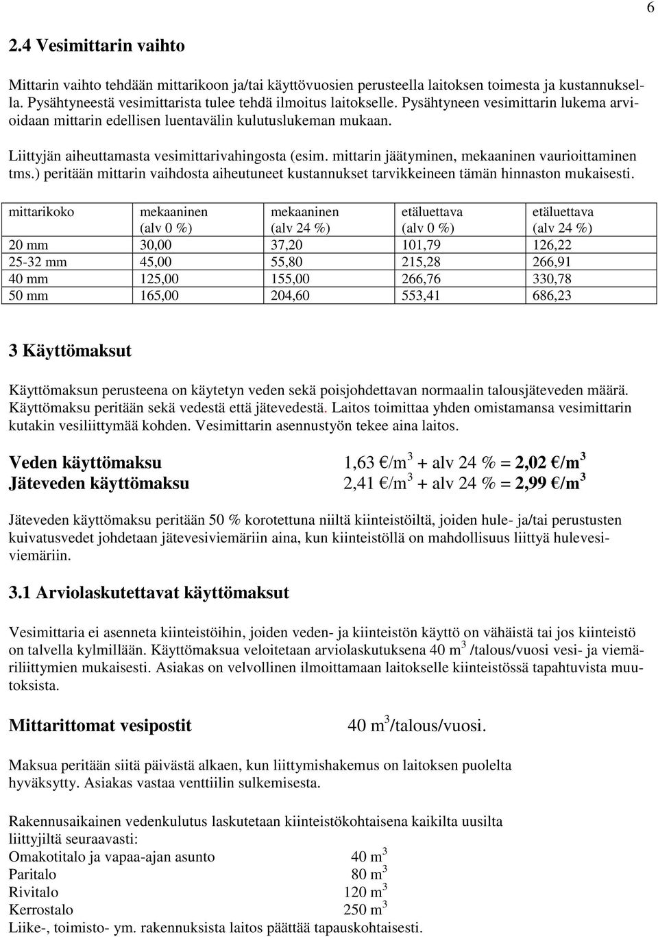 mittarin jäätyminen, mekaaninen vaurioittaminen tms.) peritään mittarin vaihdosta aiheutuneet kustannukset tarvikkeineen tämän hinnaston mukaisesti.