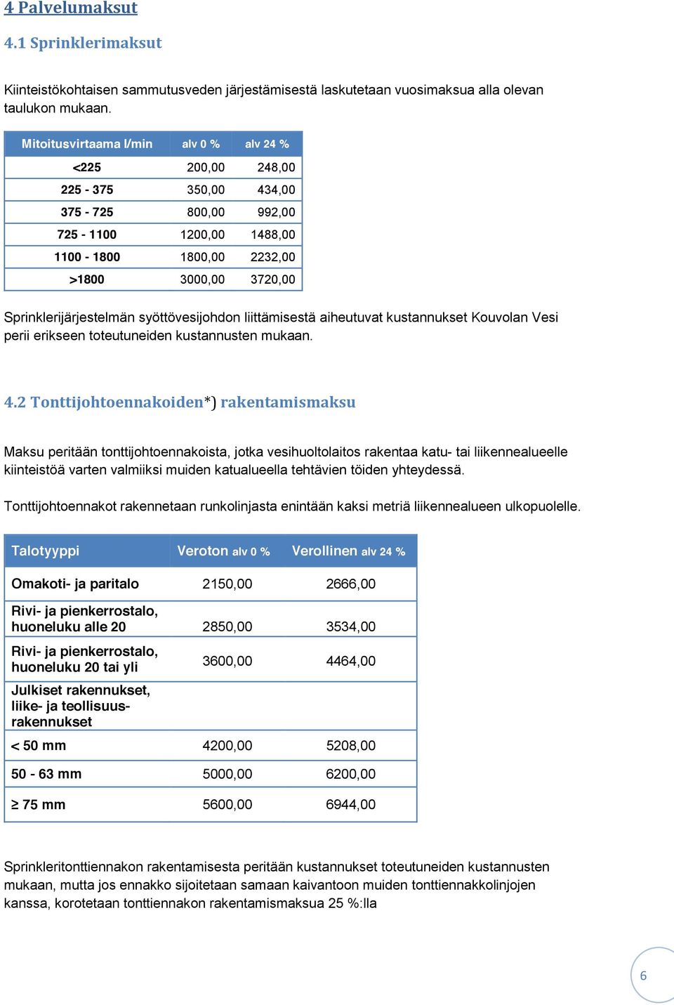 syöttövesijohdon liittämisestä aiheutuvat kustannukset Kouvolan Vesi perii erikseen toteutuneiden kustannusten mukaan. 4.