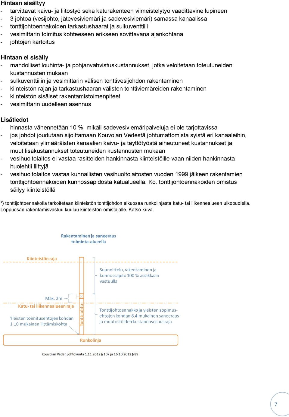 pohjanvahvistuskustannukset, jotka veloitetaan toteutuneiden kustannusten mukaan - sulkuventtiilin ja vesimittarin välisen tonttivesijohdon rakentaminen - kiinteistön rajan ja tarkastushaaran