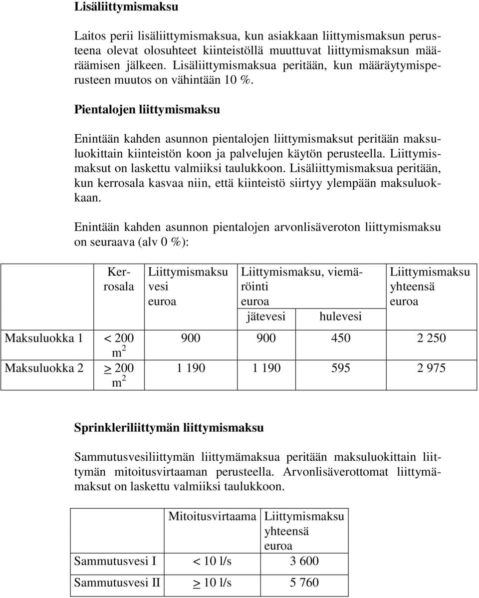 Pientalojen liittymismaksu Enintään kahden asunnon pientalojen arvonlisäveroton liittymismaksu on seuraava (alv 0 %): Enintään kahden asunnon pientalojen liittymismaksut peritään maksuluokittain