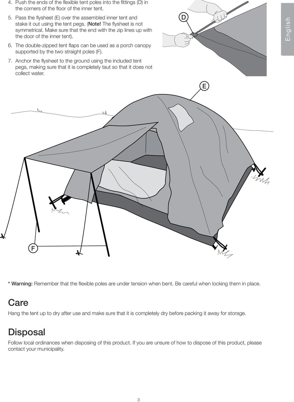 Make sure that the end with the zip lines up with the door of the inner tent). 6. The double-zipped tent flaps can be used as a porch canopy supported by the two straight poles (F). 7.