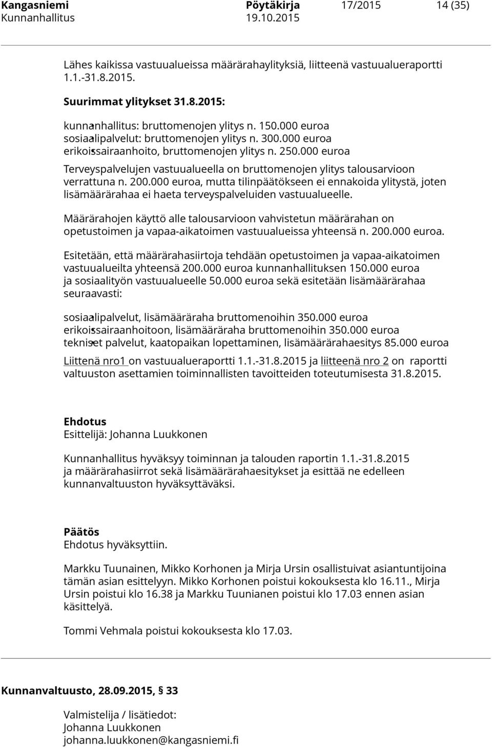 000 euroa Terveyspalvelujen vastuualueella on bruttomenojen ylitys talousarvioon verrattuna n. 200.